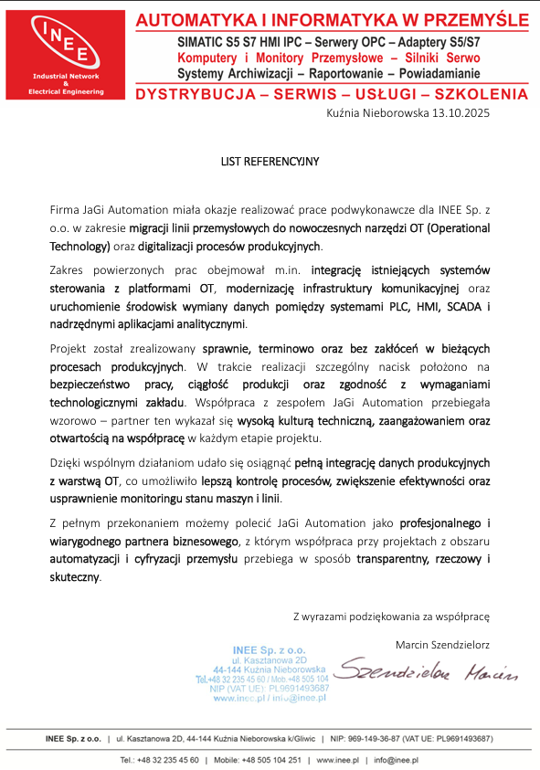 Podgląd listu referencyjnego INEE dla JaGi Automation