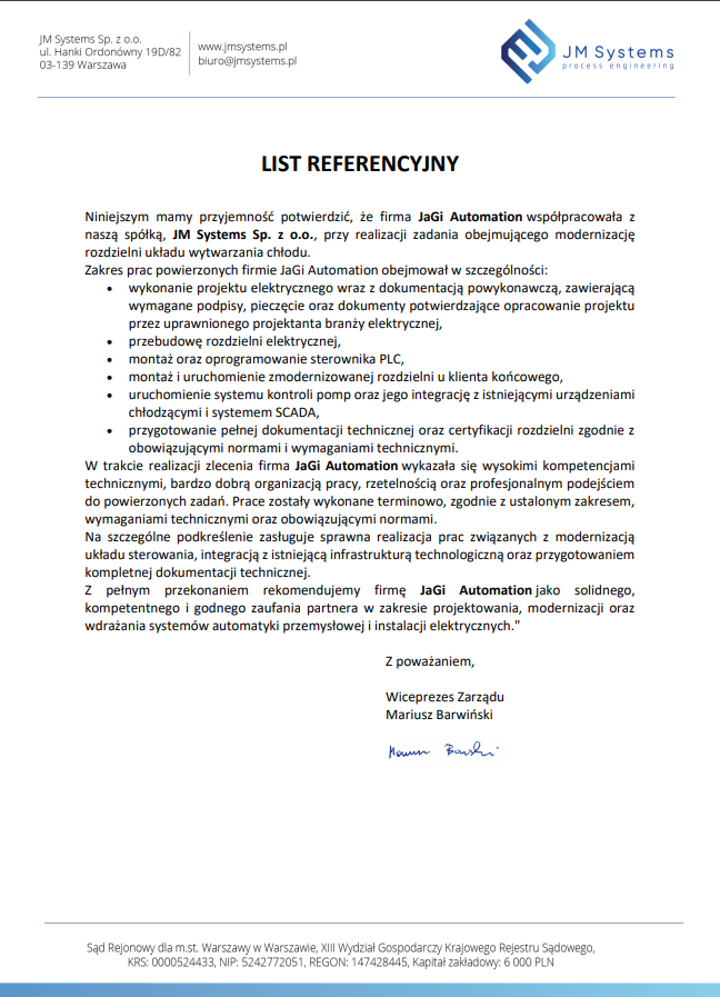 Podgląd listu referencyjnego JM Systems dla JaGi Automation