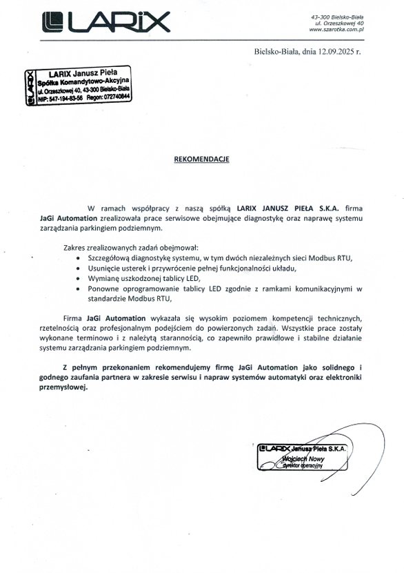 Podgląd listu referencyjnego Larix dla JaGi Automation