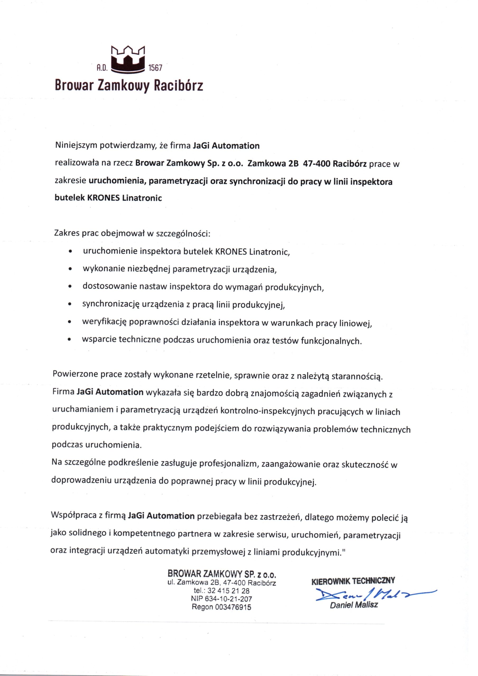 Podgląd listu referencyjnego Browar Racibórz dla JaGi Automation